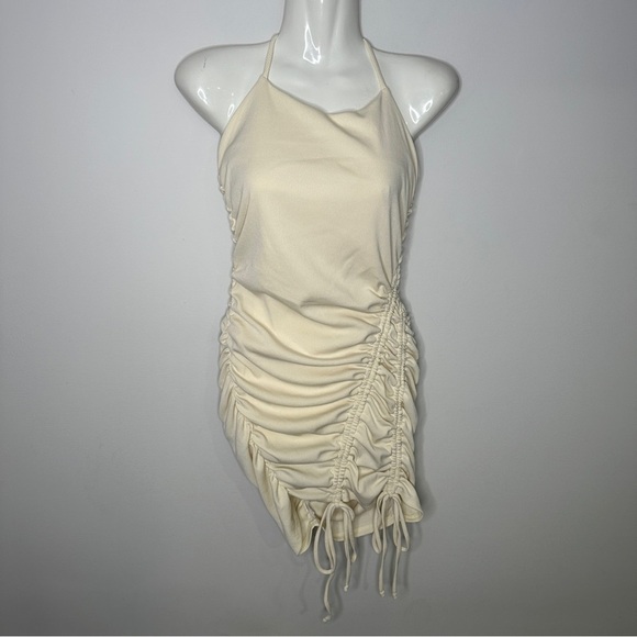 Le Lis New! Halter Ribbed Drawstring Ruched Mini Dress Cream - Picture 3 of 6